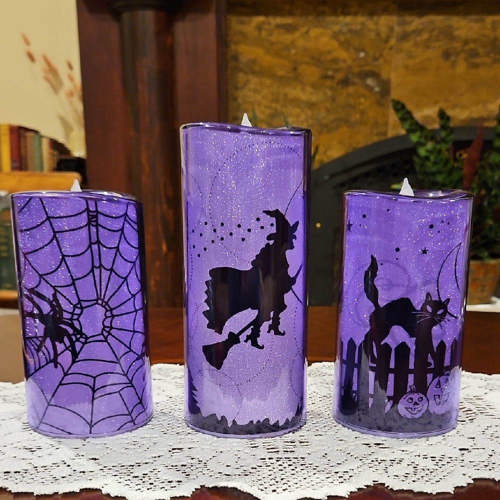 Halloween LED Flameless Orange Plastic Pillar Candles Original Packaging